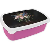 MuchoWow Broodtrommel Roze - Lunchbox Pastel - Bloemen - Glazen - Vaas - Brooddoos 18x12x6 cm - Brood lunch box - Broodtrommels voor kinderen en volwassenen