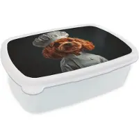 MuchoWow Broodtrommel Wit - Lunchbox Bruin - Kok - Hondje - Brooddoos 18x12x6 cm - Brood lunch box - Broodtrommels voor kinderen en volwassenen