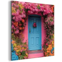 MuchoWow Aluminium schilderij 90x90 cm - Wanddecoratie metaal - Bloemen - Deur - Roze - Metalen muurdecoratie woonkamer - Decoratie industrieel - Foto op dibond - Industriële accessoires slaapkamer
