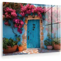 MuchoWow Glasschilderij 80x60 cm - Schilderij acrylglas - Deur - Hout - Bloemen - Blauw - Foto op glas - Muurdecoratie woonkamer - Wanddecoratie slaapkamer - Schilderijen