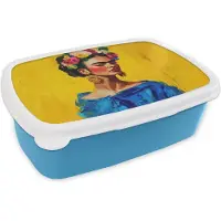 MuchoWow Broodtrommel Blauw - Lunchbox Frida Kahlo - Vrouw - Geel - Blauw - Bloemen - Brooddoos 18x12x6 cm - Brood lunch box - Broodtrommels voor kinderen en volwassenen