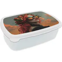 MuchoWow Broodtrommel Wit - Lunchbox Vrouw - Kroon - Tomaat - Bascilicum - Zonnebril - Brooddoos 18x12x6 cm - Brood lunch box - Broodtrommels voor kinderen en volwassenen