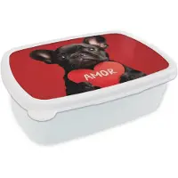 MuchoWow Broodtrommel Wit - Lunchbox Amor - Hond - Hartje - Rood - Brooddoos 18x12x6 cm - Brood lunch box - Broodtrommels voor kinderen en volwassenen