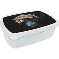 MuchoWow Broodtrommel Wit - Lunchbox Bloemen - Roze - Tulpen - Vaas - Brooddoos 18x12x6 cm - Brood lunch box - Broodtrommels voor kinderen en volwassenen