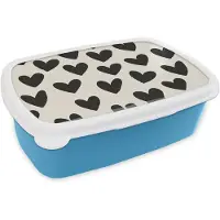 MuchoWow Broodtrommel Blauw - Lunchbox Hartjes - Zwart - Beige - Brooddoos 18x12x6 cm - Brood lunch box - Broodtrommels voor kinderen en volwassenen