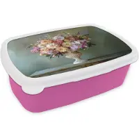 MuchoWow Broodtrommel Roze - Lunchbox Orchidee - Boeket - Vaas - Bloemen - Brooddoos 18x12x6 cm - Brood lunch box - Broodtrommels voor kinderen en volwassenen