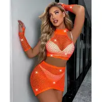 Snapshot - #picoftheday - Visnet Rokje, Topje en Handschoenen met Strass steentjes - One Size - Oranje