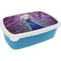 MuchoWow Broodtrommel Blauw - Lunchbox Pauw - Koksmuts - Cool - Paars - Brooddoos 18x12x6 cm - Brood lunch box - Broodtrommels voor kinderen en volwassenen