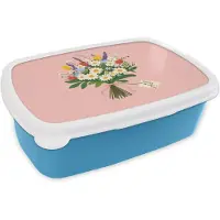 MuchoWow Broodtrommel Blauw - Lunchbox Bloemen - Lint - Kaartje - Brooddoos 18x12x6 cm - Brood lunch box - Broodtrommels voor kinderen en volwassenen