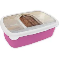 MuchoWow Broodtrommel Roze - Lunchbox Houten - Deur - Lantaarn - Brooddoos 18x12x6 cm - Brood lunch box - Broodtrommels voor kinderen en volwassenen