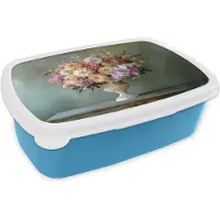 MuchoWow Broodtrommel Blauw - Lunchbox Orchidee - Boeket - Vaas - Bloemen - Brooddoos 18x12x6 cm - Brood lunch box - Broodtrommels voor kinderen en volwassenen