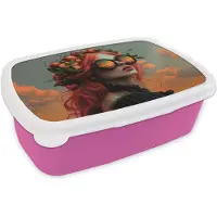 MuchoWow Broodtrommel Roze - Lunchbox Vrouw - Kroon - Tomaat - Bascilicum - Zonnebril - Brooddoos 18x12x6 cm - Brood lunch box - Broodtrommels voor kinderen en volwassenen