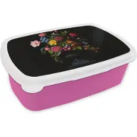 MuchoWow Broodtrommel Roze - Lunchbox Bloemen - Vrolijk - Vaas - Brooddoos 18x12x6 cm - Brood lunch box - Broodtrommels voor kinderen en volwassenen