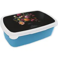MuchoWow Broodtrommel Blauw - Lunchbox Boeket - Romantisch - Kleurrijk - Brooddoos 18x12x6 cm - Brood lunch box - Broodtrommels voor kinderen en volwassenen