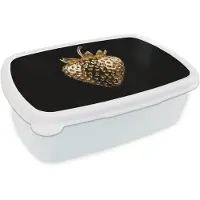 MuchoWow Broodtrommel Wit - Lunchbox Aardbei - Goud - Zwart - Chrome - Brooddoos 18x12x6 cm - Brood lunch box - Broodtrommels voor kinderen en volwassenen