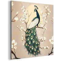 MuchoWow Aluminium schilderij 20x20 cm - Wanddecoratie metaal - Pauw - Tak - Bloemen - Metalen muurdecoratie woonkamer - Decoratie industrieel - Foto op dibond - Industriële accessoires slaapkamer