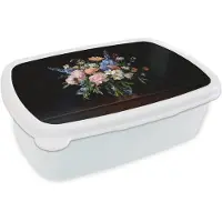 MuchoWow Broodtrommel Wit - Lunchbox Pastel - Bloemen - Glazen - Vaas - Brooddoos 18x12x6 cm - Brood lunch box - Broodtrommels voor kinderen en volwassenen