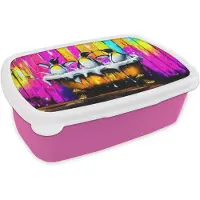 MuchoWow Broodtrommel Roze - Lunchbox Pinguïns - Badkuip - Kleurrijk - Schuim - Brooddoos 18x12x6 cm - Brood lunch box - Broodtrommels voor kinderen en volwassenen