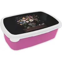 MuchoWow Broodtrommel Roze - Lunchbox Bloemenvaas - Hout - Bloemen - Boeket - Brooddoos 18x12x6 cm - Brood lunch box - Broodtrommels voor kinderen en volwassenen
