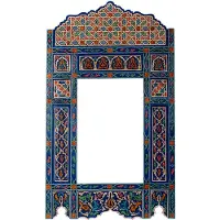 Poufs&Pillows Handgeschilderd houten spiegel frame - 116 x 68 cm - Handgemaakt - Zouak Arabische, bohemian stijl - blauw vintage look M24
