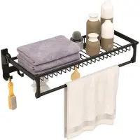 Costway Handdoekhouder inklapbaar, handdoekrek zonder boren, handdoekstang, wandgemonteerd met 9 beweegbare haken en plank, wandorganizer, zelfklevend, voor badkamer, keuken, 59,5 x 26 x 14 cm