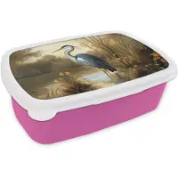 MuchoWow Broodtrommel Roze - Lunchbox Reiger - Water - Planten - Brooddoos 18x12x6 cm - Brood lunch box - Broodtrommels voor kinderen en volwassenen