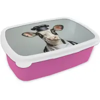 MuchoWow Broodtrommel Roze - Lunchbox Koe - Zwart - Wit - Kok - Brooddoos 18x12x6 cm - Brood lunch box - Broodtrommels voor kinderen en volwassenen