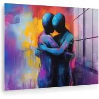 MuchoWow Glasschilderij 80x60 cm - Schilderij acrylglas - Omarmen - Lichamen - Paars - Foto op glas - Muurdecoratie woonkamer - Wanddecoratie slaapkamer - Schilderijen