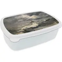 MuchoWow Broodtrommel Wit - Lunchbox Vuurtoren - Golven - Storm - Brooddoos 18x12x6 cm - Brood lunch box - Broodtrommels voor kinderen en volwassenen