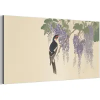 MuchoWow Aluminium schilderij 160x80 cm - Wanddecoratie metaal - Specht - Bloemen - Paars - Metalen muurdecoratie woonkamer - Decoratie industrieel - Foto op dibond - Industriële accessoires slaapkamer