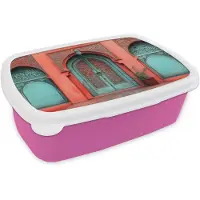 MuchoWow Broodtrommel Roze - Lunchbox Lantaarn - Deur - Turquoise - Brooddoos 18x12x6 cm - Brood lunch box - Broodtrommels voor kinderen en volwassenen
