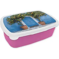 MuchoWow Broodtrommel Roze - Lunchbox Citroenbomen - Geel - Deur - Potten - Brooddoos 18x12x6 cm - Brood lunch box - Broodtrommels voor kinderen en volwassenen