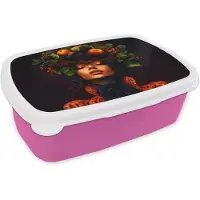 MuchoWow Broodtrommel Roze - Lunchbox Vrouw - Zwart - Bessen - Bramen - Appels - Brooddoos 18x12x6 cm - Brood lunch box - Broodtrommels voor kinderen en volwassenen