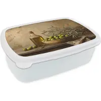 MuchoWow Broodtrommel Wit - Lunchbox Olijven - Stilleven - Vintage - Brooddoos 18x12x6 cm - Brood lunch box - Broodtrommels voor kinderen en volwassenen