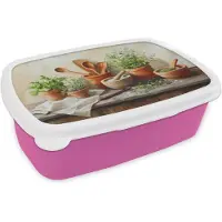 MuchoWow Broodtrommel Roze - Lunchbox Potten - Kruiden - Hout - Brooddoos 18x12x6 cm - Brood lunch box - Broodtrommels voor kinderen en volwassenen