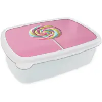 MuchoWow Broodtrommel Wit - Lunchbox Lolly - Roze - Snoep - Zoet - Brooddoos 18x12x6 cm - Brood lunch box - Broodtrommels voor kinderen en volwassenen