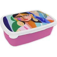 MuchoWow Broodtrommel Roze - Lunchbox Portret - Vrouw - Modern - Brooddoos 18x12x6 cm - Brood lunch box - Broodtrommels voor kinderen en volwassenen