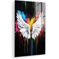 MuchoWow Glasschilderij 120x180 cm - Schilderij acrylglas - Vleugels - Verfspatten - Kleurrijk - Foto op glas - Muurdecoratie woonkamer - Wanddecoratie slaapkamer - Schilderijen