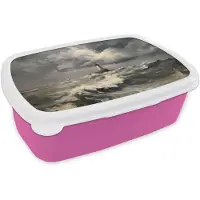 MuchoWow Broodtrommel Roze - Lunchbox Vuurtoren - Golven - Storm - Brooddoos 18x12x6 cm - Brood lunch box - Broodtrommels voor kinderen en volwassenen