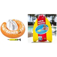 Freds Swim Academy ZWEMSET "PEUTER" : SWIMTRAINER ORANJE (2 tot 4 jaar) + ZWEMPLANK + POMP | DE VEILIGE BABY ZWEMBAND | (Keurmerken: CE-TüV-EN13138-1:2014)