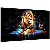 MuchoWow Aluminium schilderij 120x60 cm - Wanddecoratie metaal - Leeuw - Kleurrijk - Spetters - Metalen muurdecoratie woonkamer - Decoratie industrieel - Foto op dibond - Industriële accessoires slaapkamer