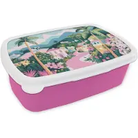 MuchoWow Broodtrommel Roze - Lunchbox Kleurrijk - Huizen - Heuvels - Roze - Brooddoos 18x12x6 cm - Brood lunch box - Broodtrommels voor kinderen en volwassenen