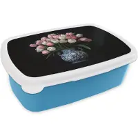 MuchoWow Broodtrommel Blauw - Lunchbox Bloemen - Roze - Tulpen - Vaas - Brooddoos 18x12x6 cm - Brood lunch box - Broodtrommels voor kinderen en volwassenen