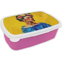 MuchoWow Broodtrommel Roze - Lunchbox Frida Kahlo - Vrouw - Geel - Blauw - Bloemen - Brooddoos 18x12x6 cm - Brood lunch box - Broodtrommels voor kinderen en volwassenen