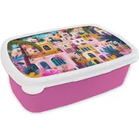 MuchoWow Broodtrommel Roze - Lunchbox Kleurrijk - Roze - Oranje - Geel - Bloemen - Brooddoos 18x12x6 cm - Brood lunch box - Broodtrommels voor kinderen en volwassenen