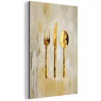 MuchoWow Aluminium schilderij 60x90 cm - Wanddecoratie metaal - Verf - Goud - Bestek - Metalen muurdecoratie woonkamer - Decoratie industrieel - Foto op dibond - Industriële accessoires slaapkamer