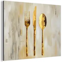 MuchoWow Aluminium schilderij 40x30 cm - Wanddecoratie metaal - Verf - Goud - Bestek - Metalen muurdecoratie woonkamer - Decoratie industrieel - Foto op dibond - Industriële accessoires slaapkamer