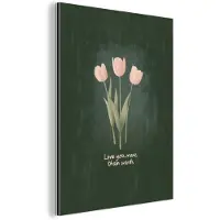 MuchoWow Aluminium schilderij 90x120 cm - Wanddecoratie metaal - Tulpen - Roze - Tekst - Love - Metalen muurdecoratie woonkamer - Decoratie industrieel - Foto op dibond - Industriële accessoires slaapkamer