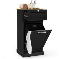 Costway Waskast met wasmand, wasverzamelaar met lade, tafelblad van bamboe, badkamerkast, badkamerkast voor badkamer, bijkeuken, 40 x 37 x 82 cm (zwart)