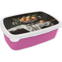 MuchoWow Broodtrommel Roze - Lunchbox Stilleven - Perziken - Vintage - Brooddoos 18x12x6 cm - Brood lunch box - Broodtrommels voor kinderen en volwassenen